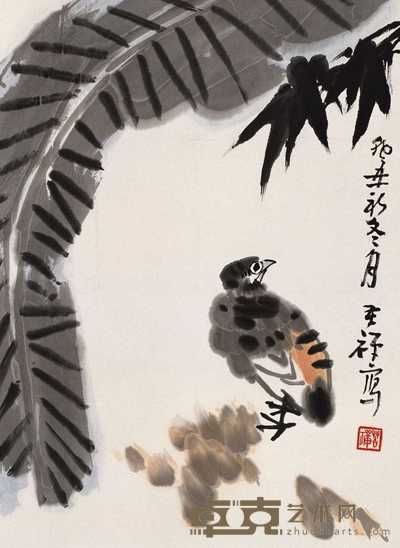 李苦禅 癸丑（1973年）作 蕉荫小鸟图 轴 67×47cm